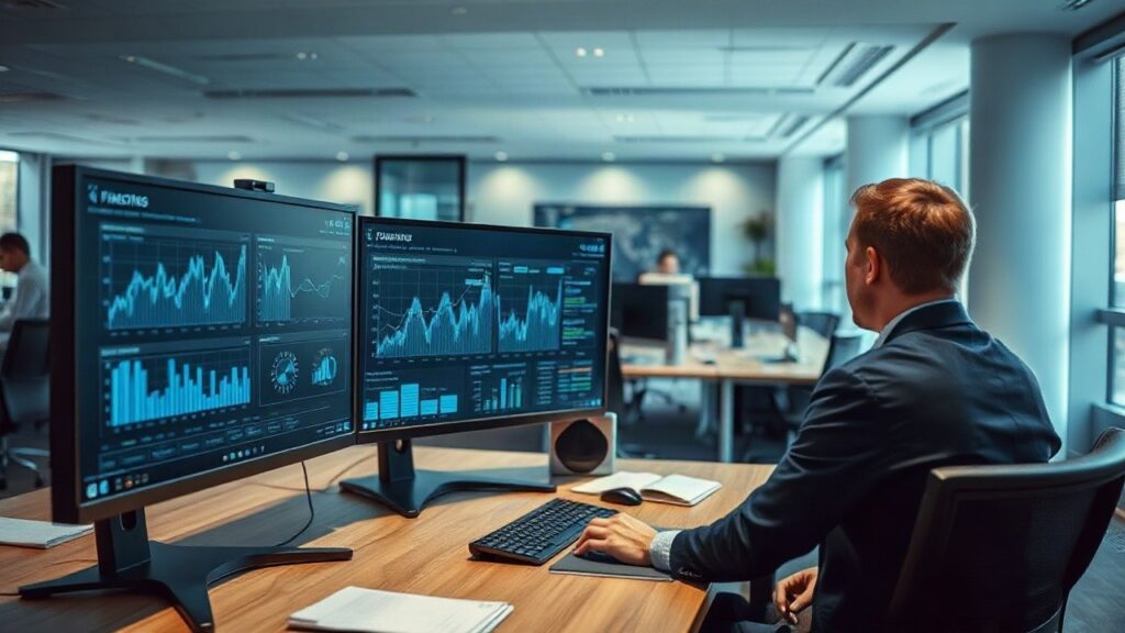 Modernes Büro eines Softwareunternehmens: ein Schreibtisch mit mehreren Bildschirmen, auf denen Finanz- und Zahlungsverkehrsdaten in abstrakter Form zu sehen sind, im Hintergrund u – Symbolbild, KI-erzeugt