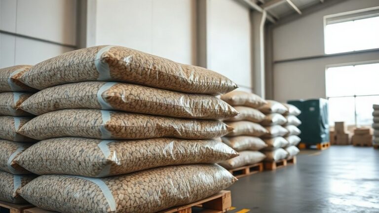 Gestapelte Säcke mit Holzpellets in einem Lager, während die Pelletspreise in Tirol spürbar steigen – Symbolbild, KI-erzeugt