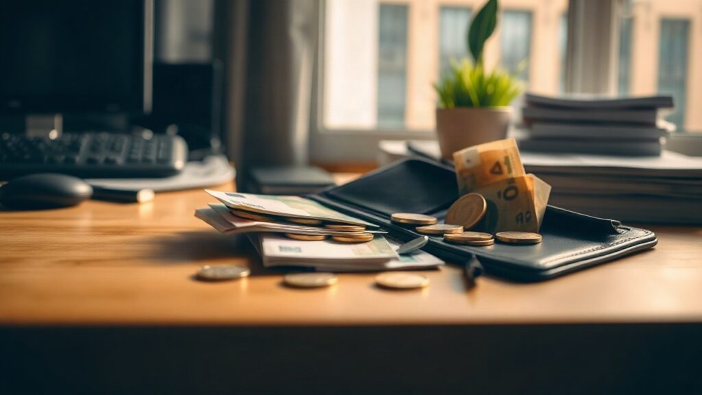 Münzen und Geldscheine auf einem Schreibtisch stehen sinnbildlich für den Streit um die Pflicht zur Betriebsrente – Symbolbild, KI-erzeugt