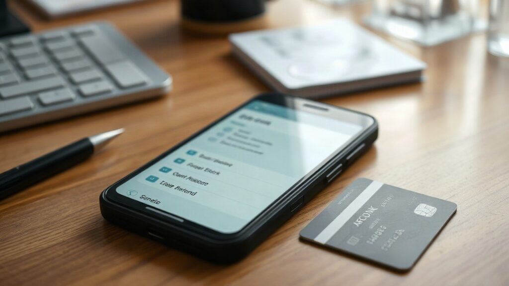 Ein Smartphone mit E-Mail-Posteingang liegt neben einer Bankkarte auf einem Schreibtisch, Symbolbild für Phishing bei der Sparkasse – Symbolbild, KI-erzeugt
