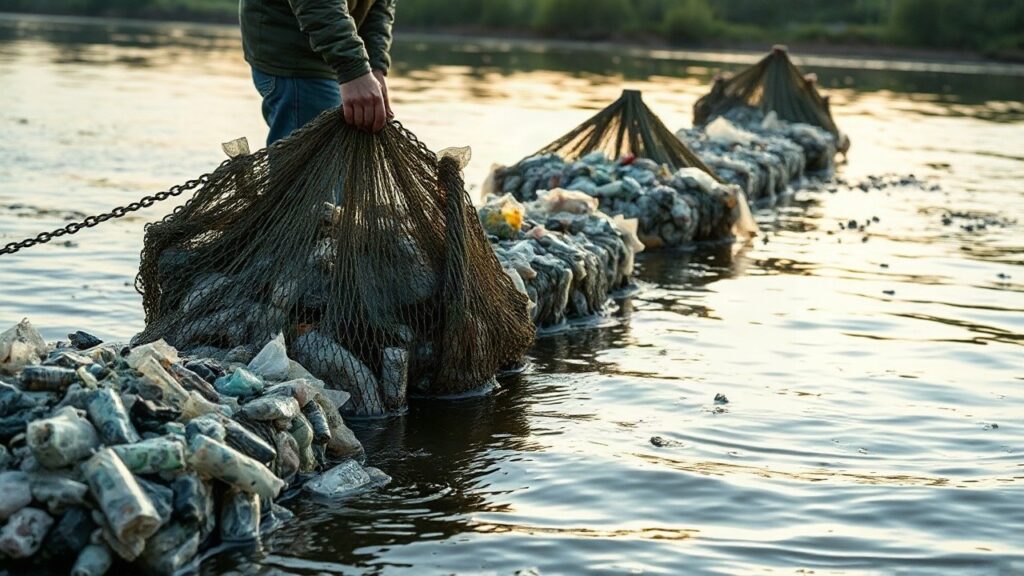 A close-up of a riverbank cleanup scene: a floating collection boom with nets gathering plastic waste on a calm river, soft morning light, no people's faces visible, no text or log – Symbolbild, KI-erzeugt