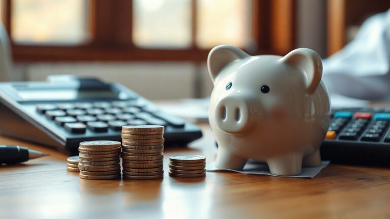 Münzen, ein Sparschwein und ein Taschenrechner auf einem Schreibtisch symbolisieren die private Pensionsvorsorge – Symbolbild, KI-erzeugt