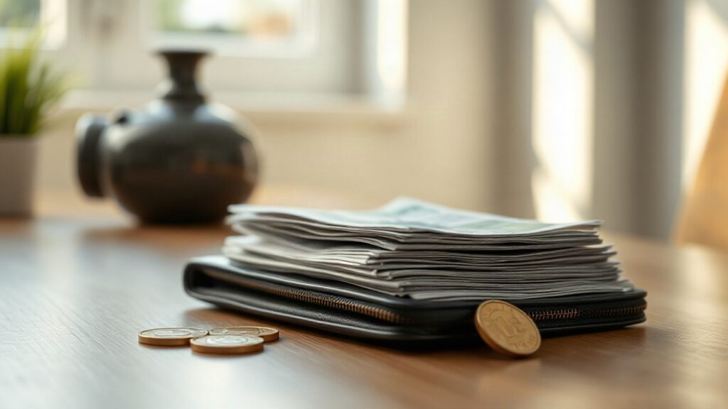 Ein Stapel Rechnungen und eine Geldbörse auf einem Tisch symbolisiert die steigende Zahl der Privatinsolvenzen in Deutschland – Symbolbild, KI-erzeugt
