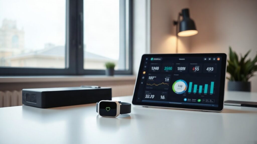 A modern office desk with a small wearable health monitoring device and a tablet showing a simple dashboard interface, soft daylight through a window, clean minimalist workspace, n – Symbolbild, KI-erzeugt