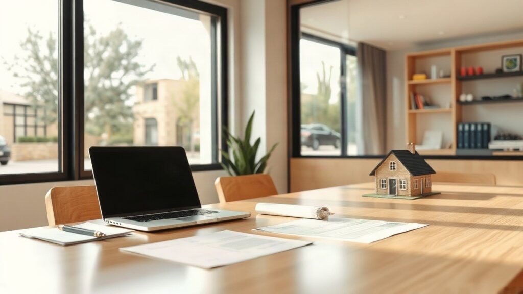 a quiet bank branch advisory desk with documents, a laptop and a small house model, soft daylight through a large window, no people visible close up, horizontal wide shot – Symbolbild, KI-erzeugt