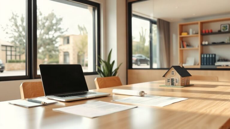 a quiet bank branch advisory desk with documents, a laptop and a small house model, soft daylight through a large window, no people visible close up, horizontal wide shot – Symbolbild, KI-erzeugt