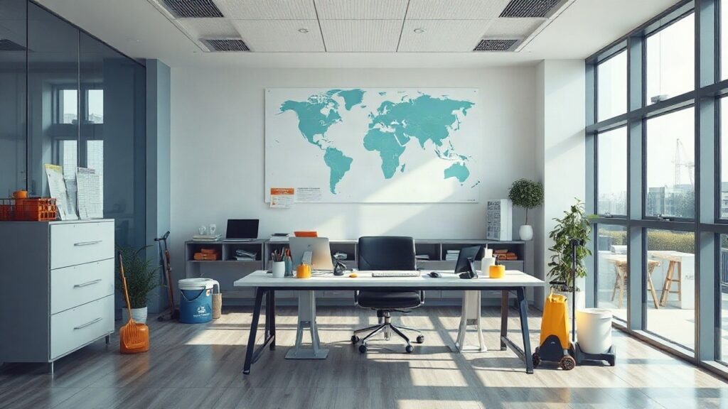 Büro eines Facility-Dienstleisters mit Weltkarte an der Wand als Symbol für die REIWAG Internationalisierung – Symbolbild, KI-erzeugt