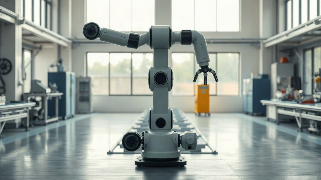 A modern robotics workshop interior with a sleek two-armed industrial robot arm standing on a factory floor, clean bright daylight through large windows, metal workbenches and tool – Symbolbild, KI-erzeugt