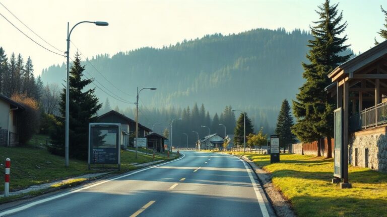 Ein Rufbus hält an einer Haltestelle am Rand einer Bergregion, umgeben von bewaldeten Hängen im Morgenlicht – Symbolbild, KI-erzeugt