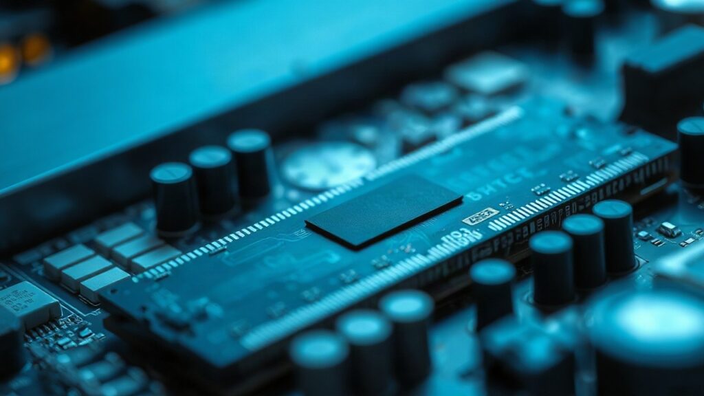 Eine Nahaufnahme eines Speicherchips veranschaulicht den Zusammenhang zwischen steigenden Chippreisen und dem Samsung Gewinn – Symbolbild, KI-erzeugt