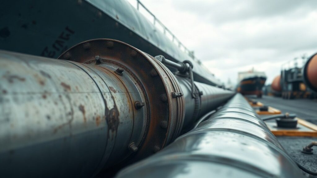 Verladearm eines Öltankers an einem Hafenterminal symbolisiert den steigenden Ölpreis für Europa – Symbolbild, KI-erzeugt