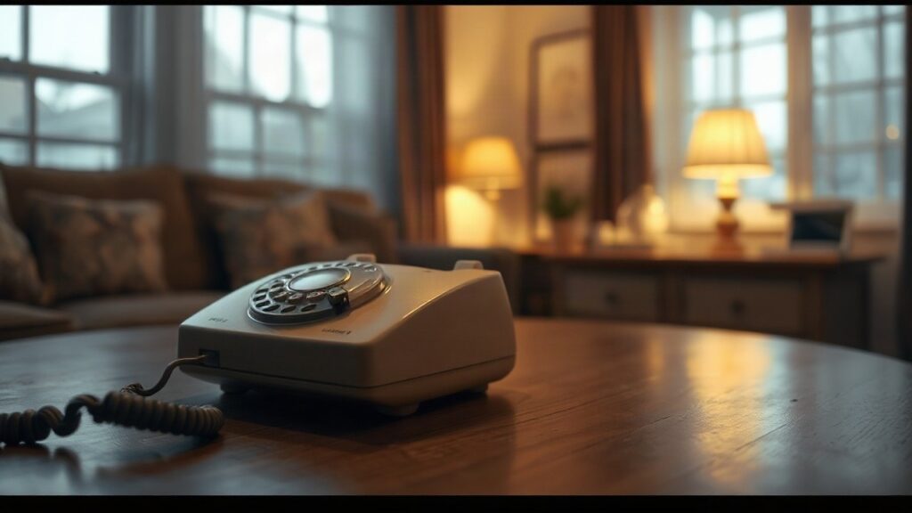 Ein Festnetztelefon liegt in einem abendlich beleuchteten Wohnzimmer, Sinnbild für einen Schockanruf-Betrug mit falschen Polizisten – Symbolbild, KI-erzeugt