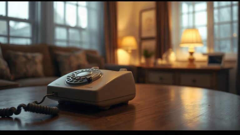 Ein Festnetztelefon liegt in einem abendlich beleuchteten Wohnzimmer, Sinnbild für einen Schockanruf-Betrug mit falschen Polizisten – Symbolbild, KI-erzeugt