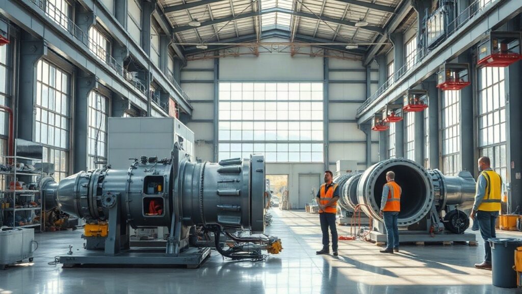 A modern industrial manufacturing hall with large steam turbine components on the factory floor, engineers in work clothes inspecting machinery in the background, bright daylight t – Symbolbild, KI-erzeugt