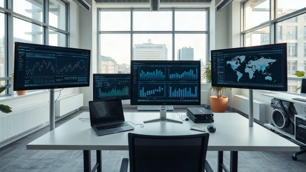 A modern open-plan office in Hamburg with multiple computer monitors showing abstract data dashboards and charts, a desk with a laptop and notebook, soft daylight through large win – Symbolbild, KI-erzeugt