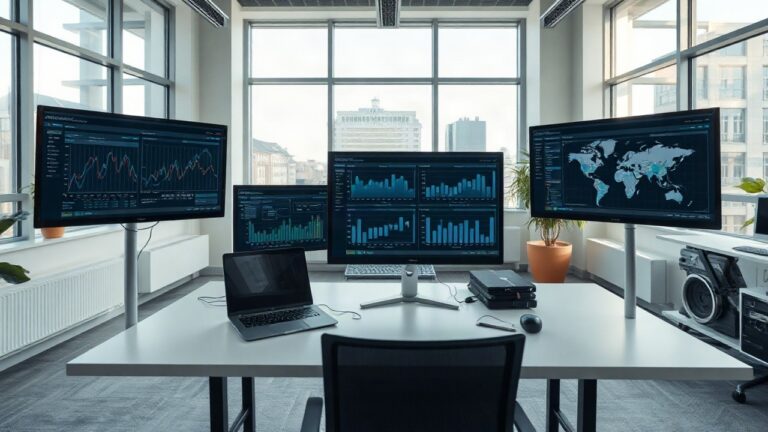 A modern open-plan office in Hamburg with multiple computer monitors showing abstract data dashboards and charts, a desk with a laptop and notebook, soft daylight through large win – Symbolbild, KI-erzeugt