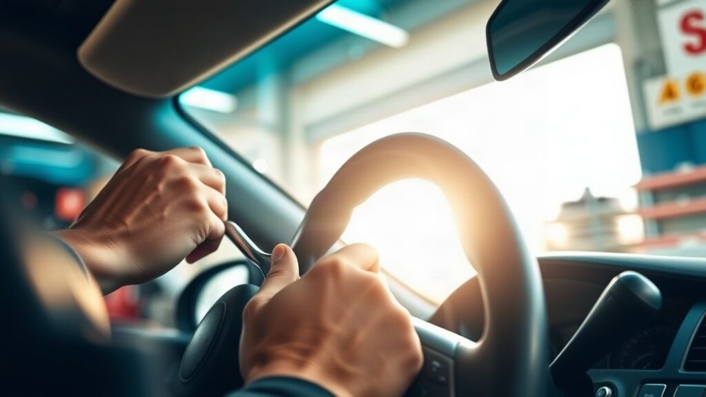Nahaufnahme eines Lenkrads in einer Werkstatt, in der wegen des Skoda-Rückrufs die Lenkungsverschraubung geprüft wird – Symbolbild, KI-erzeugt