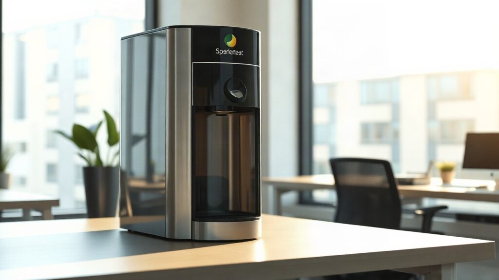 Ein moderner Wassersprudler auf einem Schreibtisch symbolisiert die Neuausrichtung unter dem neuen Sodastream Chef – Symbolbild, KI-erzeugt