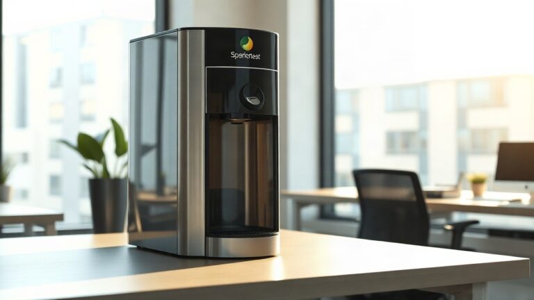 Ein moderner Wassersprudler auf einem Schreibtisch symbolisiert die Neuausrichtung unter dem neuen Sodastream Chef – Symbolbild, KI-erzeugt