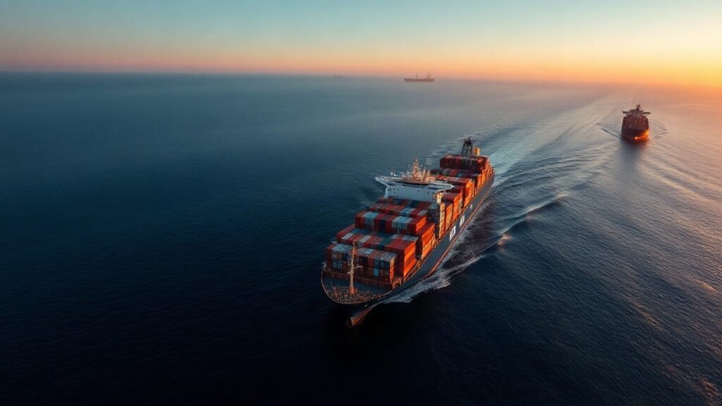 Ein Containerschiff durchquert bei Abendlicht die Straße von Hormus, im Hintergrund warten Öltanker – Symbolbild, KI-erzeugt