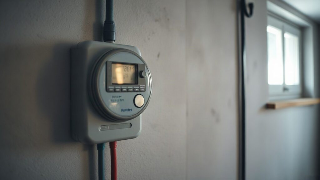 Ein digitaler Stromzähler im Keller eines Wohnhauses symbolisiert die neuen Stromtarife 2026 durch gesenkte Netzentgelte – Symbolbild, KI-erzeugt