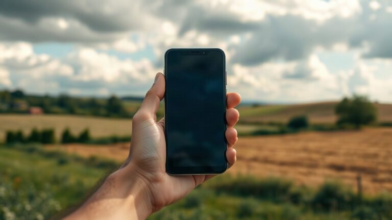 Eine Hand hält ein Smartphone vor einem bewölkten Himmel auf dem Land, während die Telekom künftig Mobilfunk per Satellit anbieten will – Symbolbild, KI-erzeugt