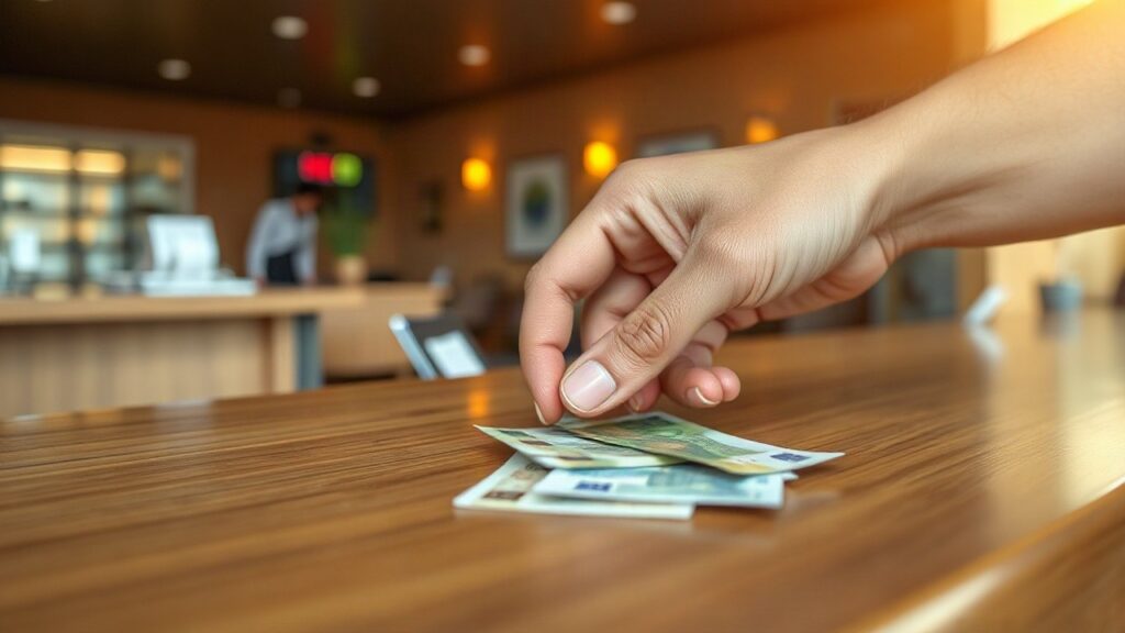Münzen und Banknoten auf einem Hotel-Empfangstresen stehen sinnbildlich für die steigende Touristensteuer im Urlaub – Symbolbild, KI-erzeugt