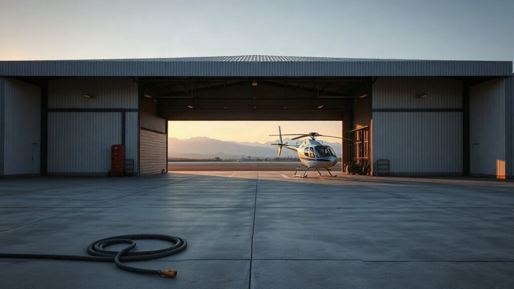 Leerer Hangar auf einem Flugplatz am Morgen, Sinnbild für das Unternehmen von Thomas Morgenstern nach dem Helikopter-Diebstahl – Symbolbild, KI-erzeugt