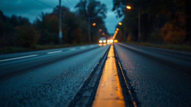Eine nasse Landstraße am Abend symbolisiert den Unfall in Brandenburg bei Biesenthal – Symbolbild, KI-erzeugt