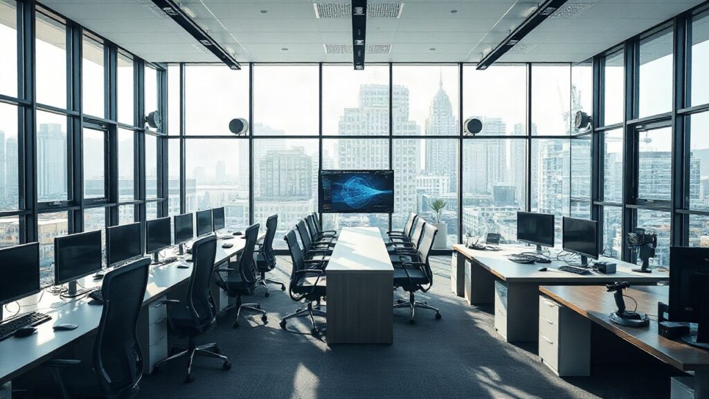 A modern open-plan telecommunications office with a glass-fronted meeting room, desks with monitors showing network diagrams, fiber optic cable spools visible in the background, so – Symbolbild, KI-erzeugt