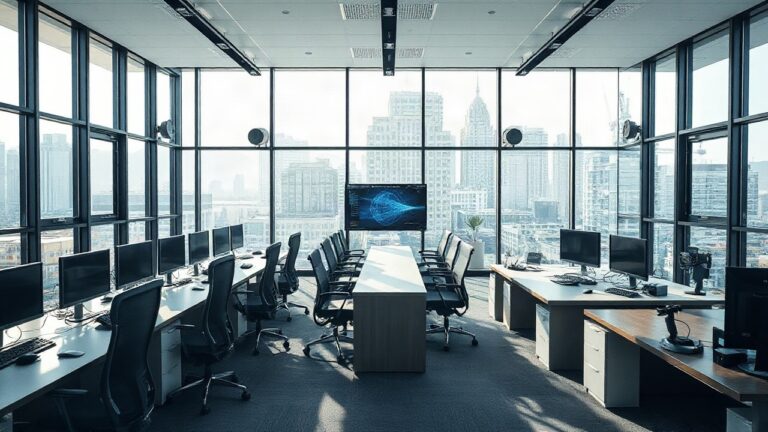 A modern open-plan telecommunications office with a glass-fronted meeting room, desks with monitors showing network diagrams, fiber optic cable spools visible in the background, so – Symbolbild, KI-erzeugt