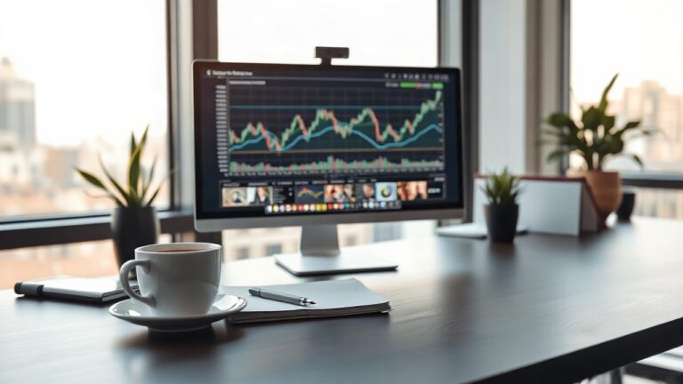 a modern office desk with a computer screen showing financial line charts, a cup of coffee beside a notebook, soft morning light through a window, no people visible, close and form – Symbolbild, KI-erzeugt
