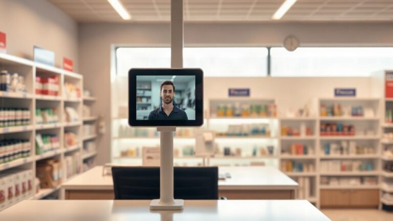 Ein Beratungsterminal für die Video-Sprechstunde in der Apotheke mit Tablet-Bildschirm am Tresen – Symbolbild, KI-erzeugt