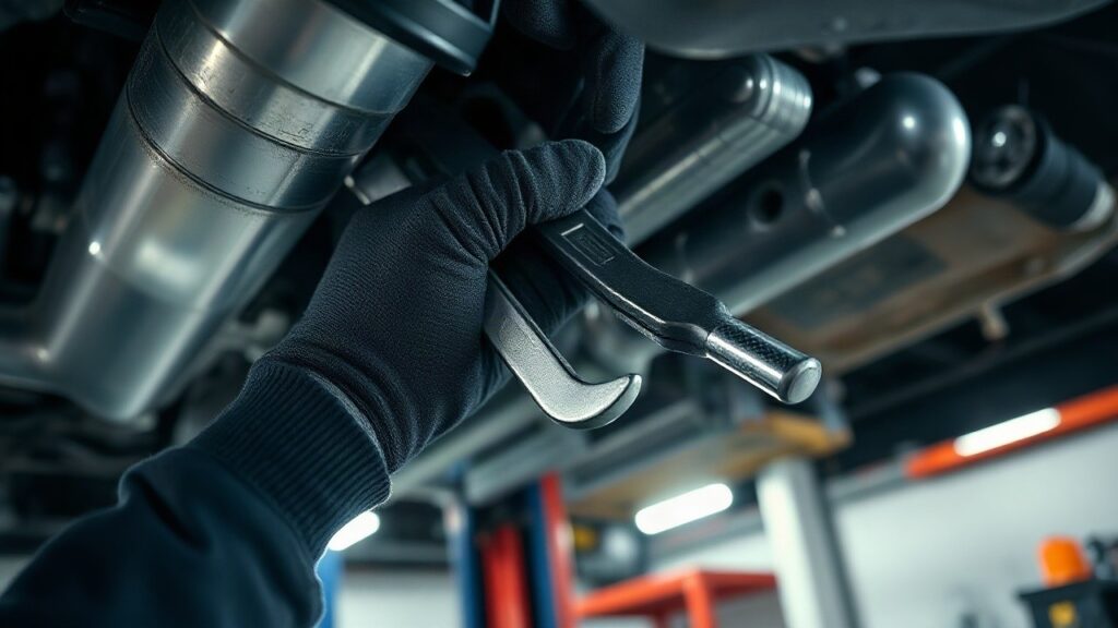 Ein Mechaniker löst im Rahmen des VW-Rückrufs eine Schraube am Lenkgetriebe eines Fahrzeugs in der Werkstatt – Symbolbild, KI-erzeugt