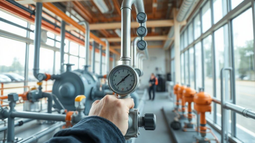 A wide shot of a modern district heating control room or plant in a European city, large pipes and gauges, technician's hands adjusting a valve in the foreground, natural daylight – Symbolbild, KI-erzeugt