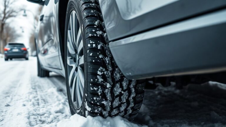 Nahaufnahme eines Winterreifens auf verschneiter Straße verdeutlicht die Winterreifenpflicht Strafe bei fehlender Ausrüstung – Symbolbild, KI-erzeugt