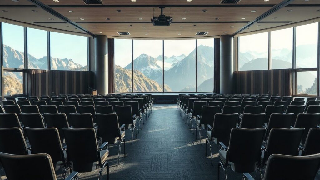A modern alpine conference hall interior with rows of empty seats facing a stage, large windows showing mountain scenery, soft morning light, no people visible, no text or logos – Symbolbild, KI-erzeugt