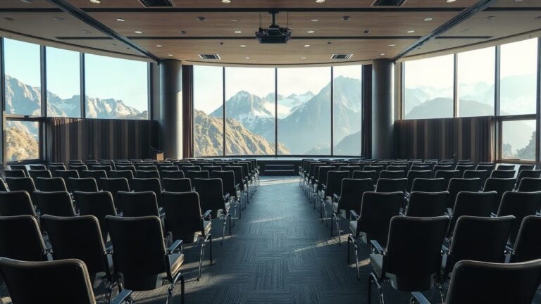 A modern alpine conference hall interior with rows of empty seats facing a stage, large windows showing mountain scenery, soft morning light, no people visible, no text or logos – Symbolbild, KI-erzeugt